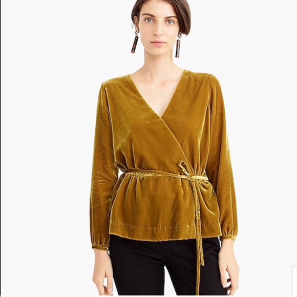 NWT J. Crew Yellow Crushed Velvet Wrap Long Sleeve Top - Picture 2 of 6